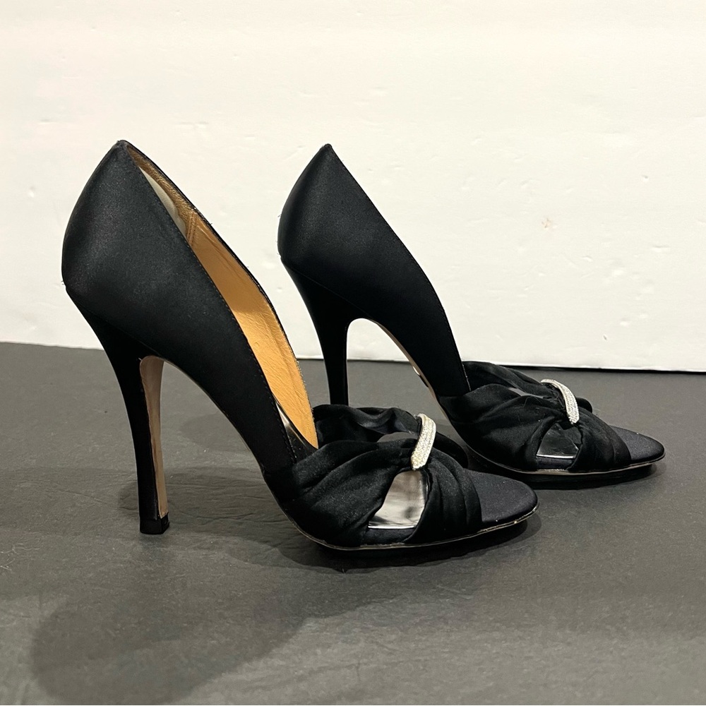 Badgley Mischka Rosali Black Satin Open Toe Heels, 8